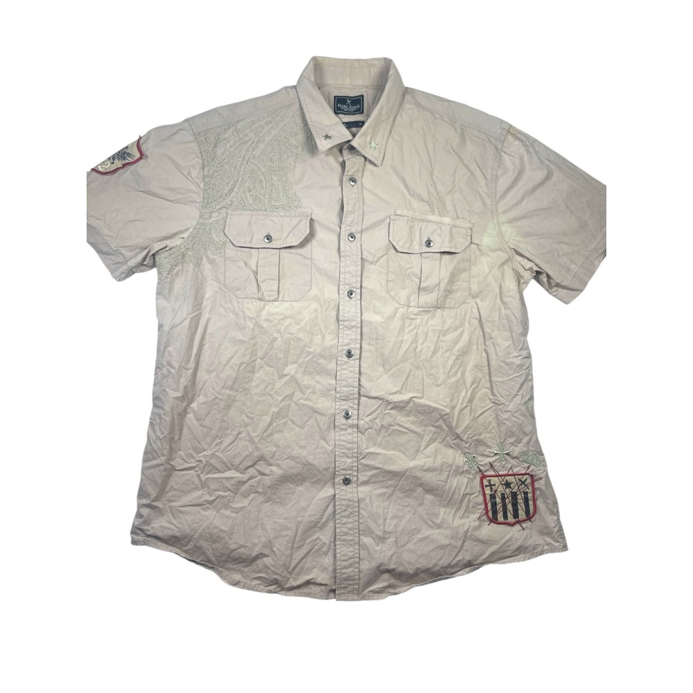 Marc Ecko Men's XL‎ Beige Embroidered Patchwork Shirt Streetwear